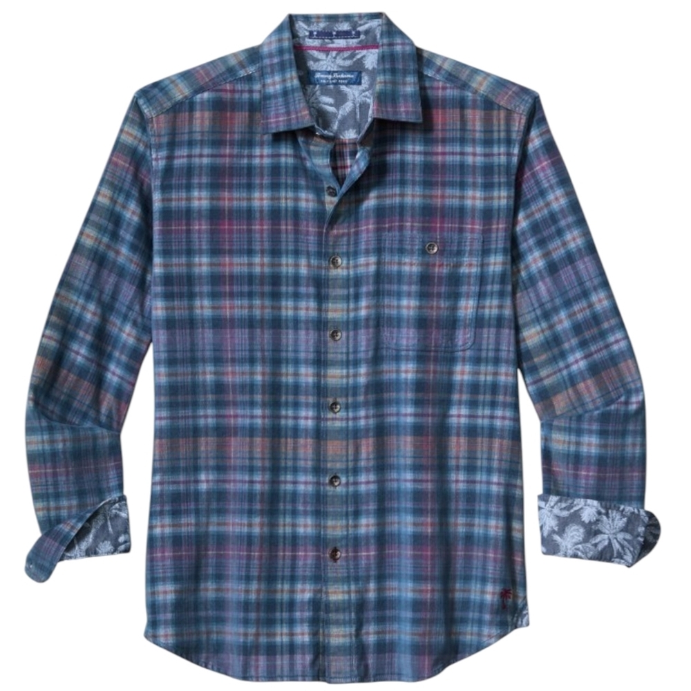 Tommy Bahama Blue Plaid Button-Down Shirt with Pink and Tan Stripes